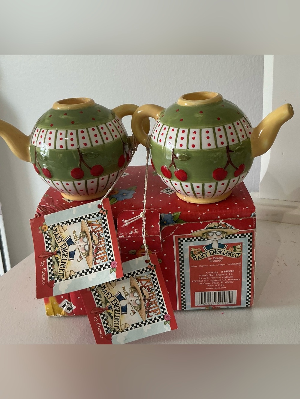 New in box Vintage Mary Engelbreit Cherry teapot candle holder set of 2